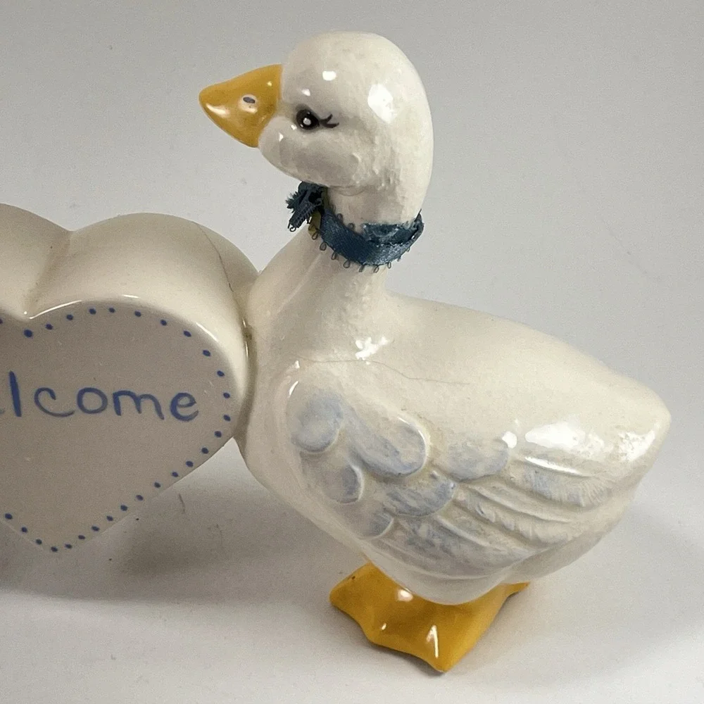 Vintage Goose Duck Figurine Welcome Blue Ribbon Hat Cottagecore Grandma Country